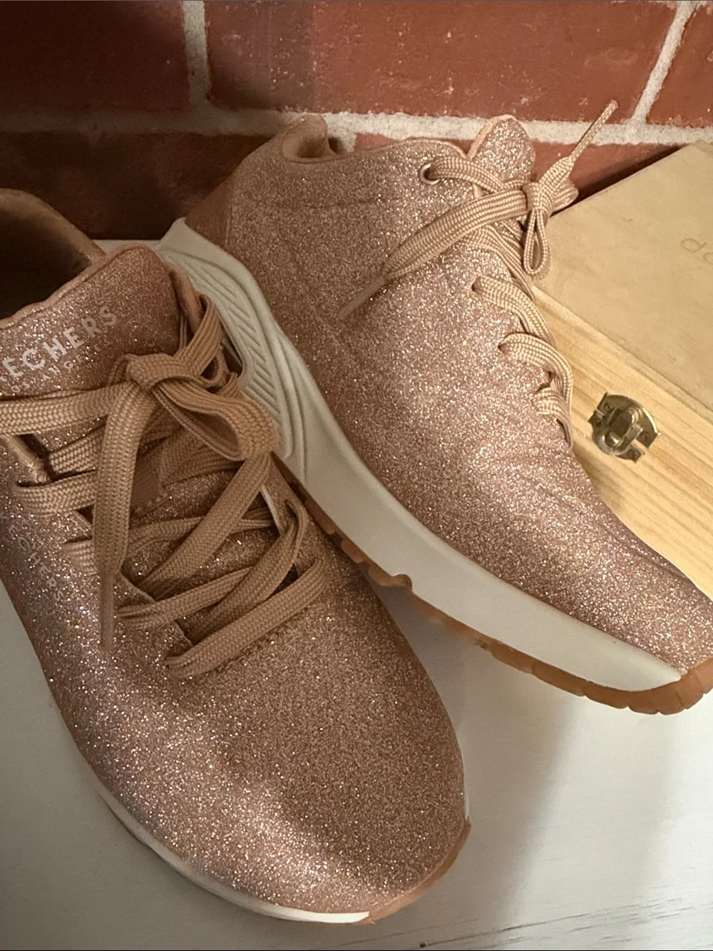 Skechers Women's Rose Gold Glitter Platform Athletic Sneakers